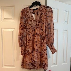 Floral V-Neck Dress in Brown and Cream